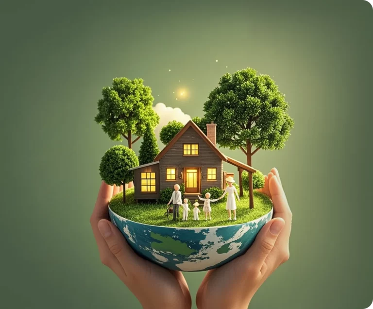 Hands holding a green home powered by clean energy