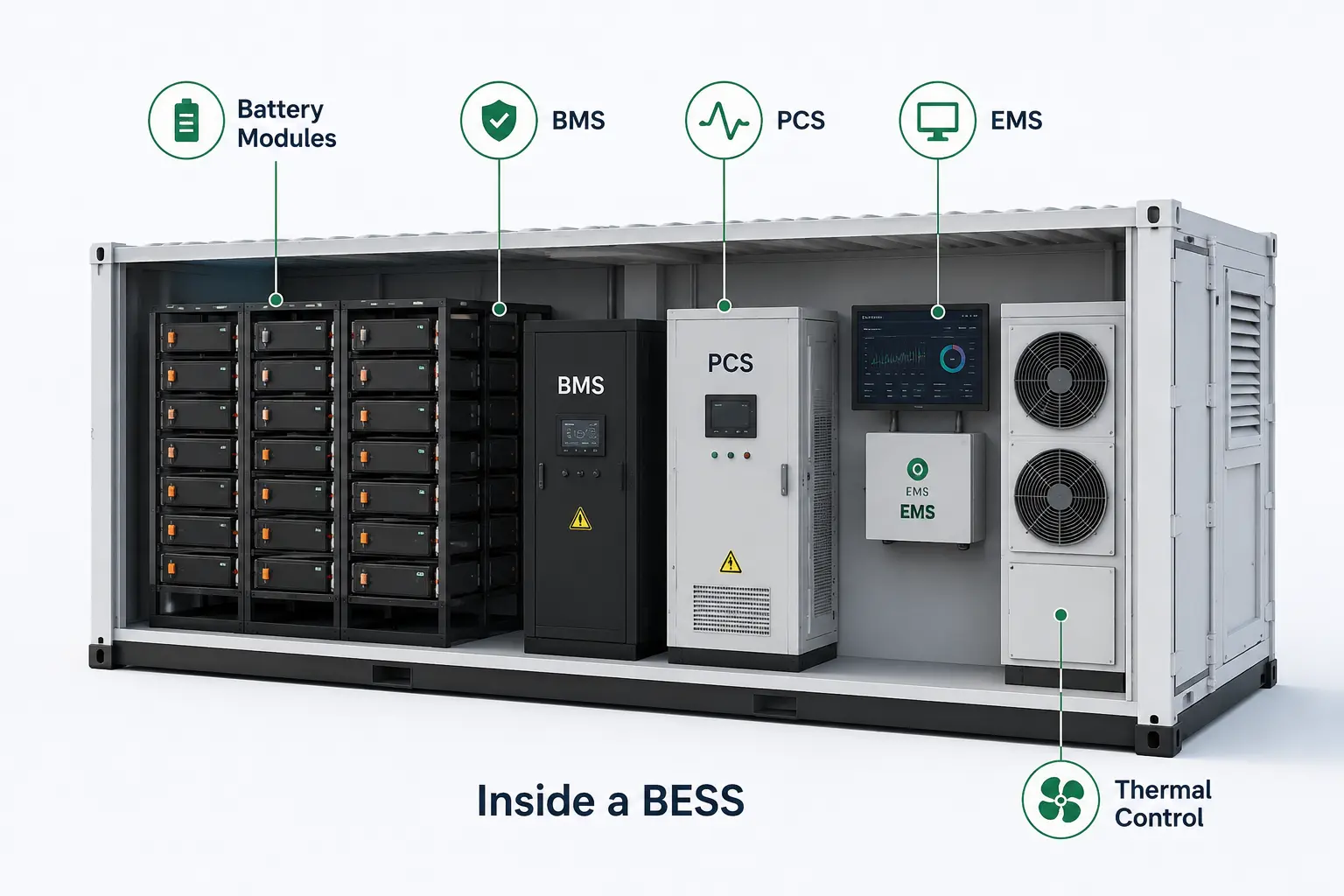 Inside a container showing a battery and essential equipment, highlighting 4 key parts of a Battery Energy Storage System (BESS)