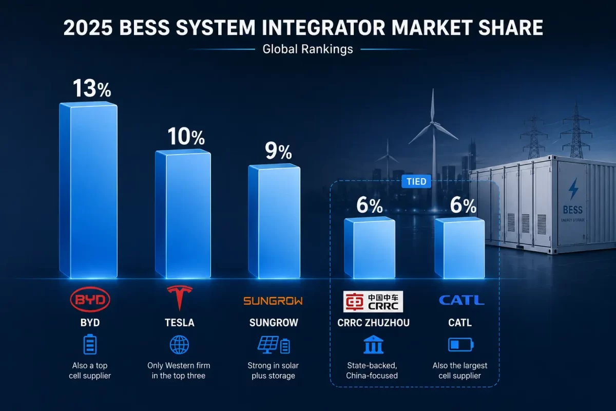 Classifica globale delle quote di mercato degli integratori di sistemi BESS per il 2025, con un confronto tra BYD, Tesla, Sungrow, CRRC Zhuzhou e CATL nel settore commerciale dei sistemi di accumulo di energia a batteria.