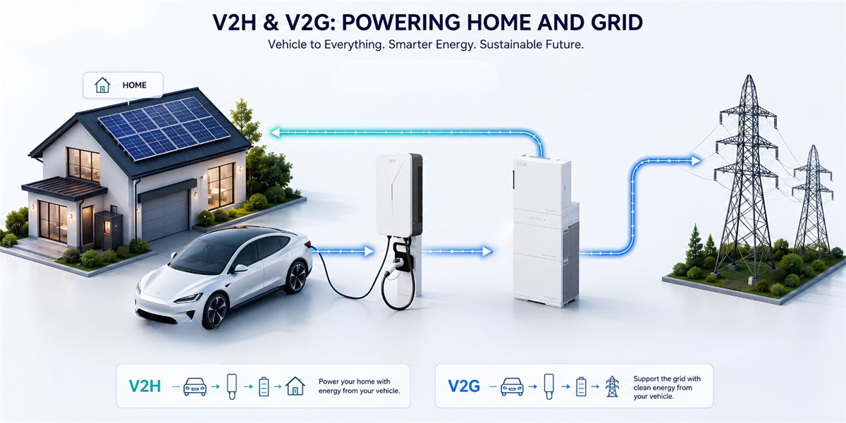 Bidirectional EV charger showing V2H and V2G power flow from an electric vehicle