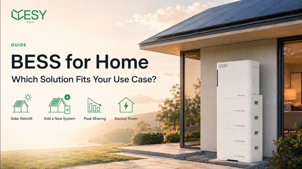 Solar battery storage system connecting rooftop solar, home energy use, and commercial ESS solutions for reliable power management