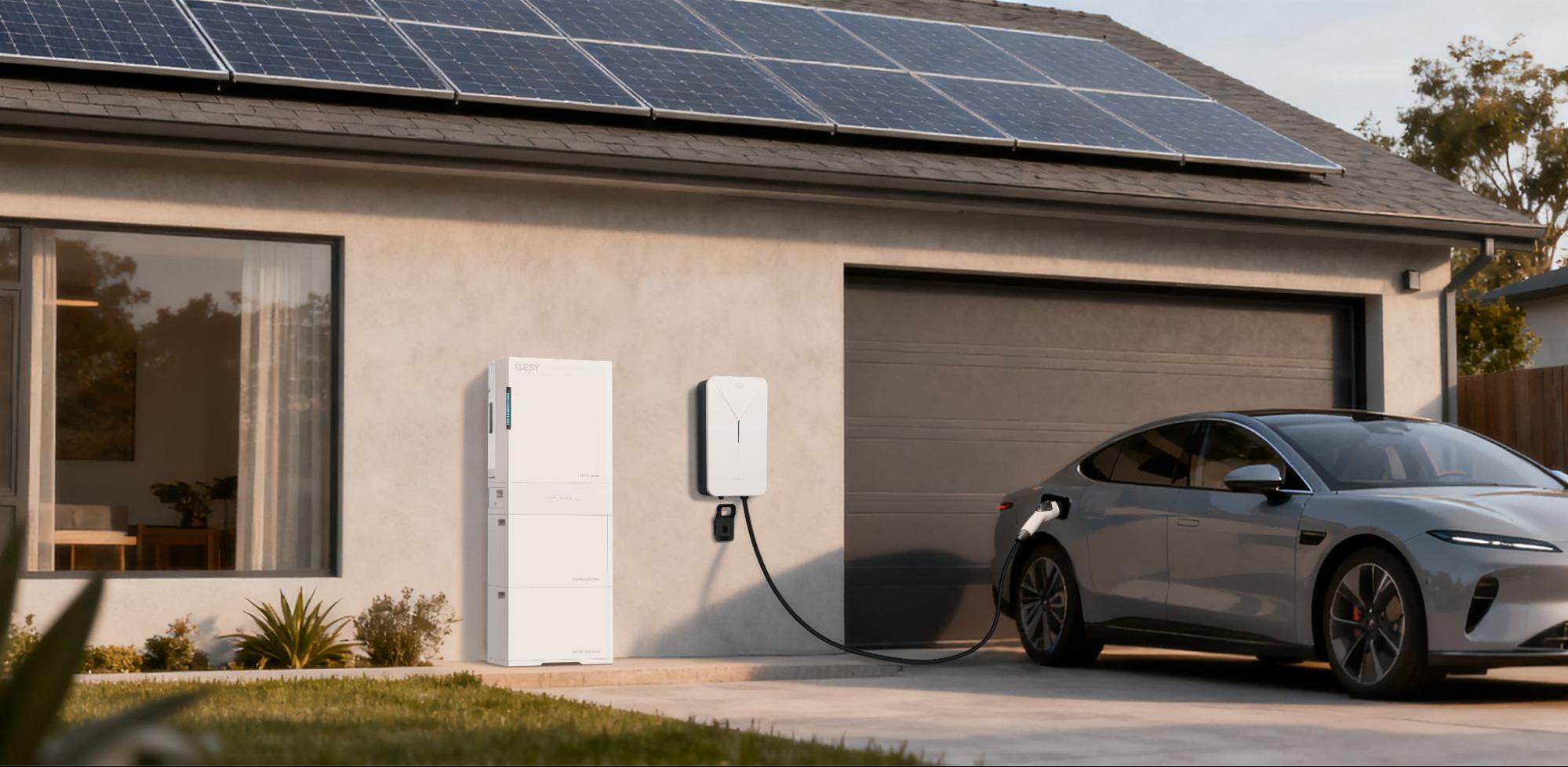 ESYsunhome EV22 V2E bidirectional charger connected to an electric vehicle, solar panels, and home battery storage