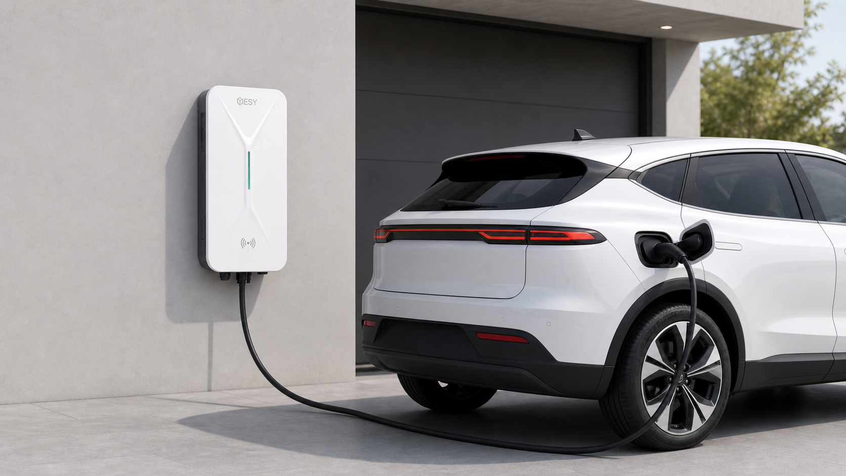 EV22 V2E DC EV charger connected to an electric vehicle at a home garage
