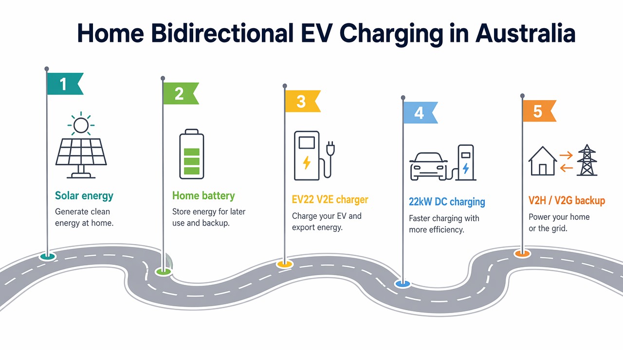 Roadmap-style infographic showing home bidirectional EV charging in Australia, with solar energy, home battery, EV22 V2E charger, 22kW DC charging and V2H/V2G backup milestones.