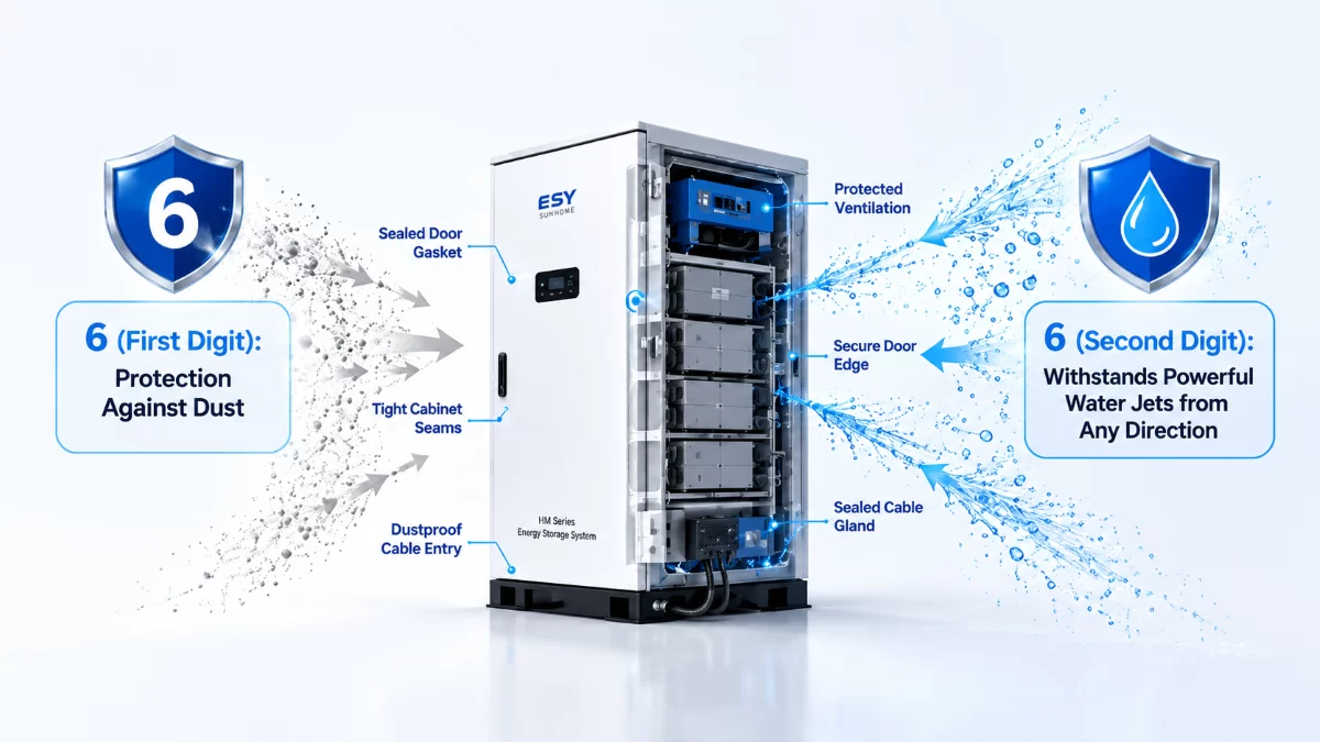 IP66防护等级图显示了ESY SUNHOME HM系列家用储能系统的防尘性能和抗强力水柱喷射性能。