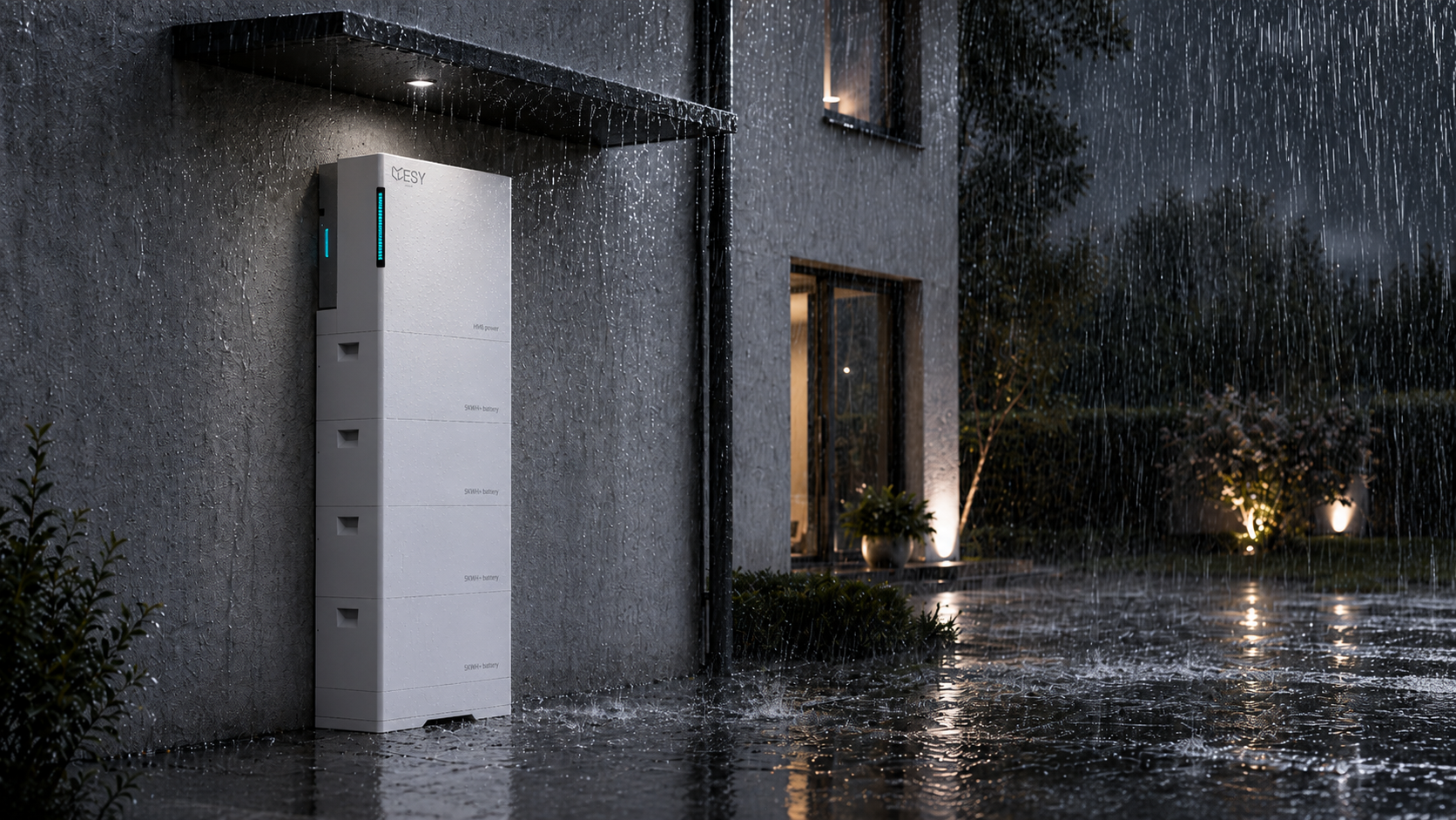 Modern IP66 outdoor home battery energy storage system installed on a shaded exterior wall with proper ground drainage to prevent standing water risks.