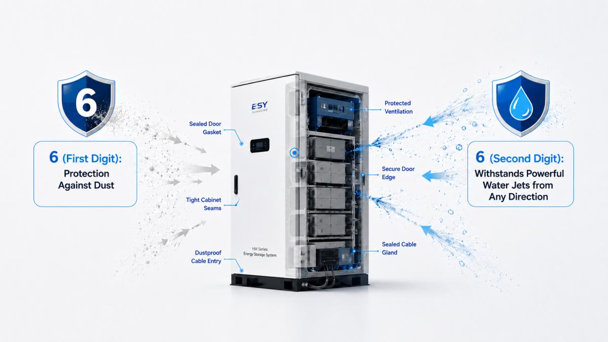 Infographic illustrating how an IP66-rated home ESS enclosure provides complete dust-tight protection and strongly resists powerful outdoor water jets.