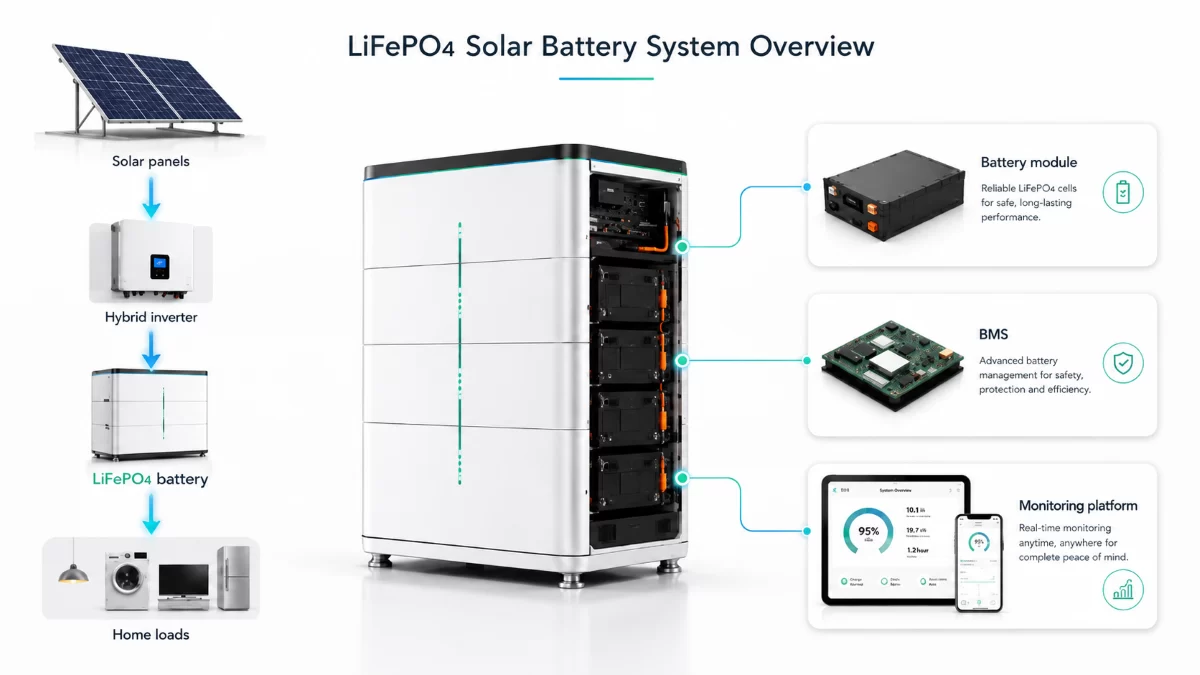 LiFePO4 solar battery system showing solar panels, hybrid inverter, battery module, BMS, and smart energy monitoring platform