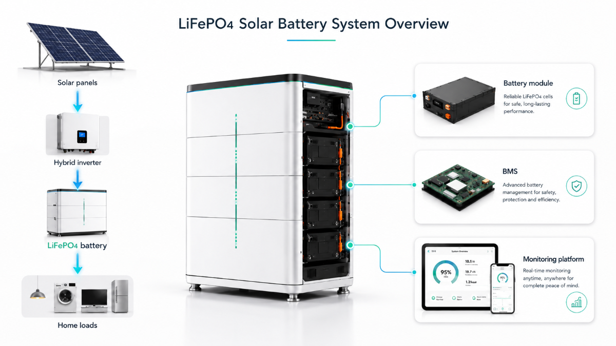LiFePO4 solar battery system showing solar panels, hybrid inverter, battery module, BMS, and smart energy monitoring platform