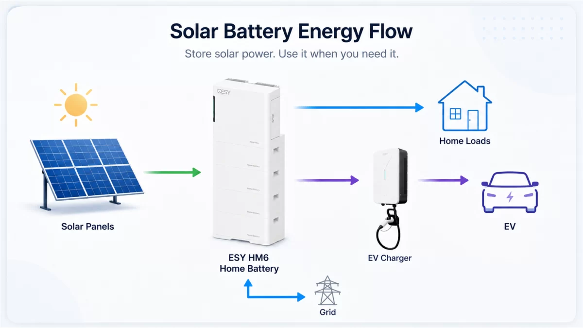Solar battery energy flow diagram with ESY HM6 home battery showing daytime solar charging and evening home power use
