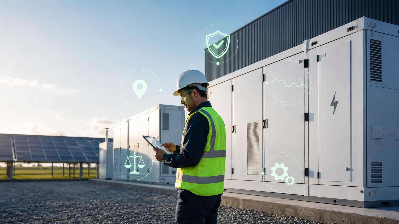 BESS supplier evaluation with an engineer checking a containerized energy storage system on site