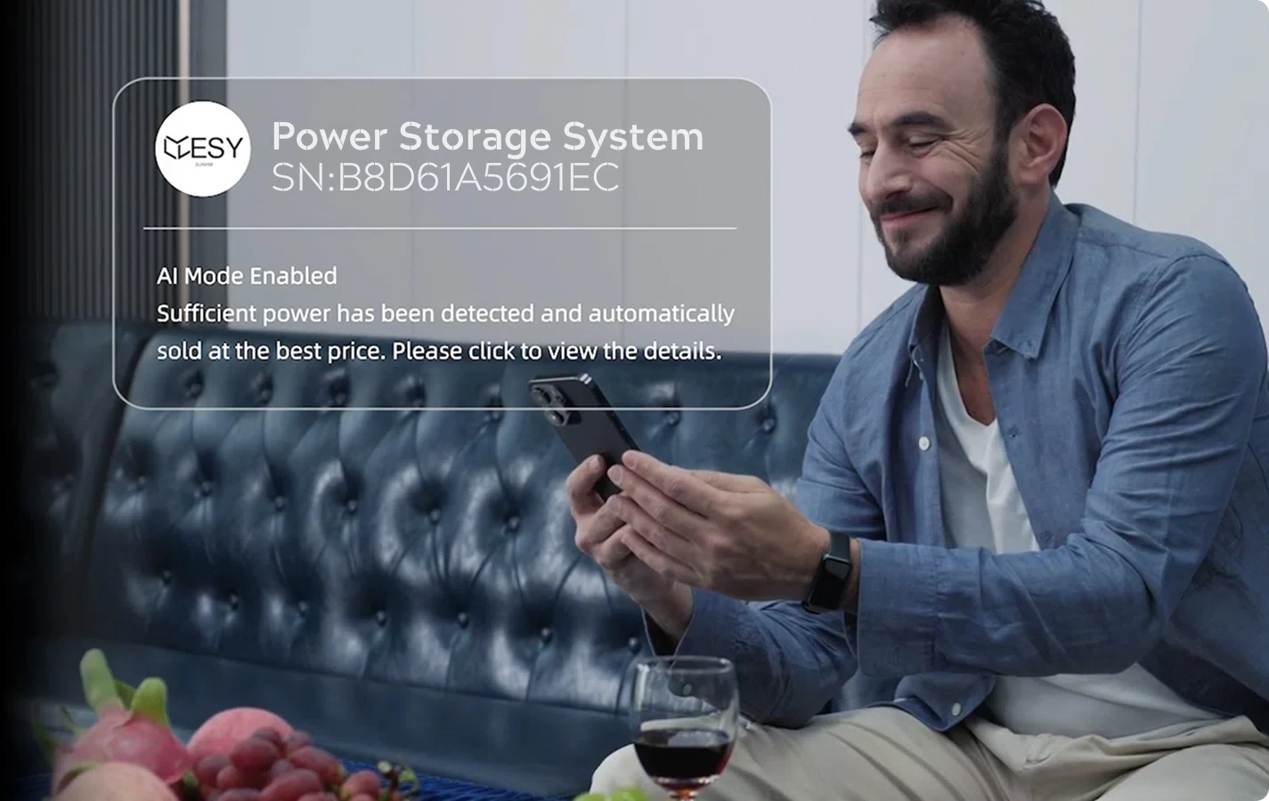 ESYsunhome AI-app voor energiebeheer toont de status van het energieopslagsysteem.