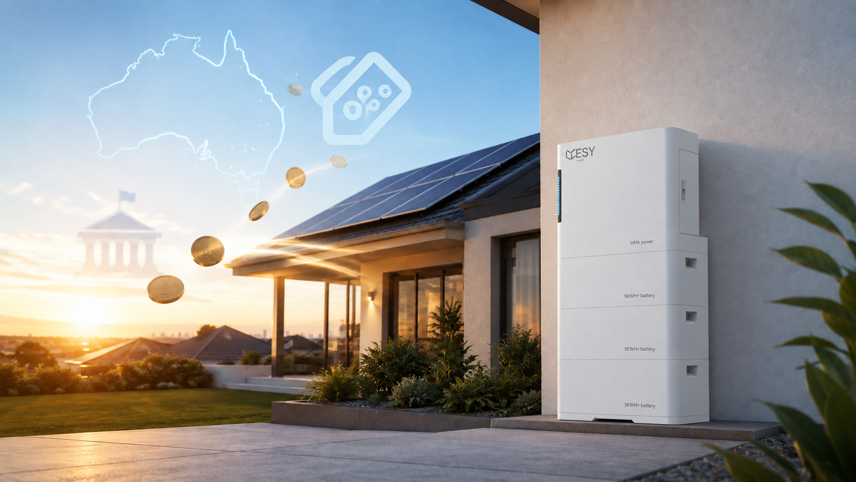 Avstralski dom s strešno sončno energijo in modularno baterijo za vračilo popusta za baterije leta 2026