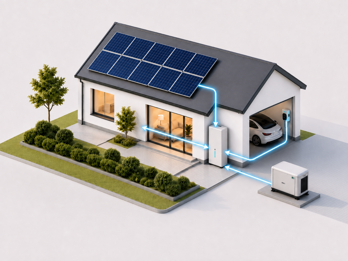 Modern home with rooftop solar panels, battery storage, generator, and bidirectional ev charger providing solar backup power in a residential energy setup.
