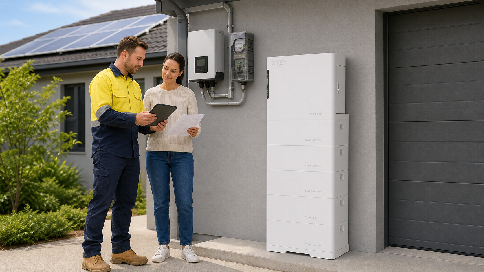 ESYsunhome HM6 home battery installed beside an Australian house with rooftop solar panels.