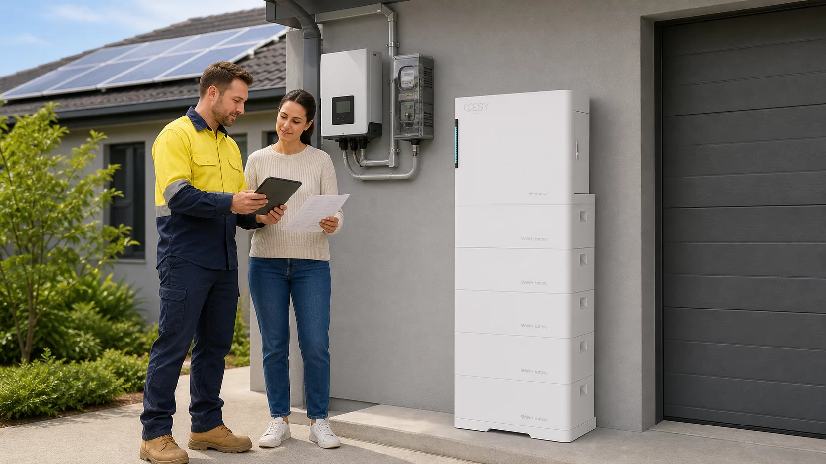 Batería doméstica ESYsunhome HM6 instalada junto a una casa australiana con paneles solares en el tejado.