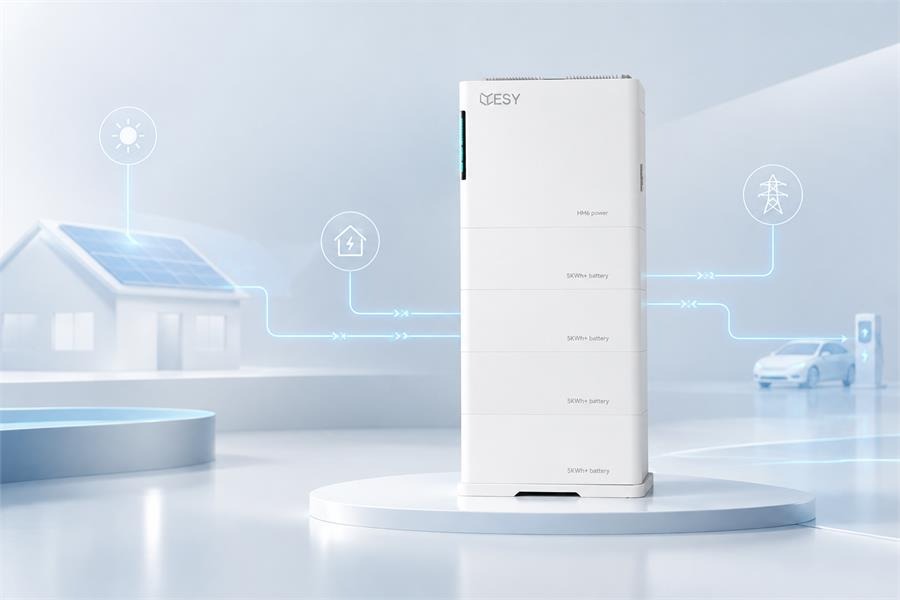 ESYsunhome HM6 all-in-one residential energy storage system shown in an AI home energy management