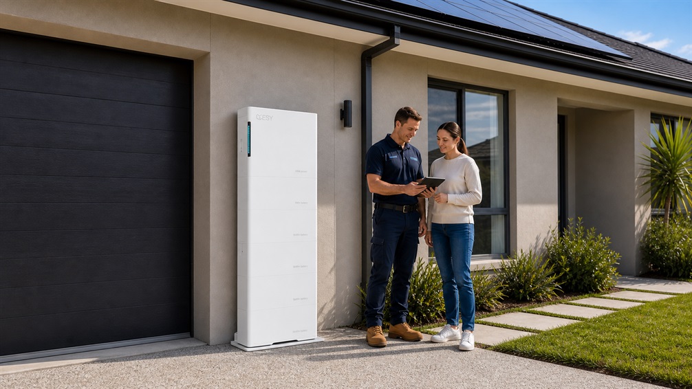 Homeowner and installer reviewing a residential energy storage system beside an ESYsunhome HM6 unit