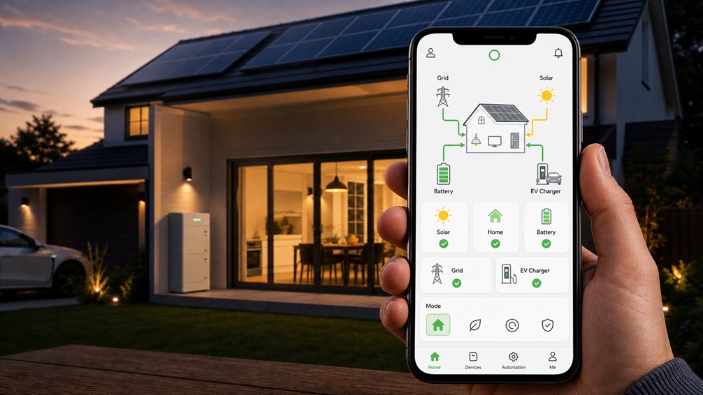 ESYsunhome app showing solar battery status and home energy flow for a residential ESS